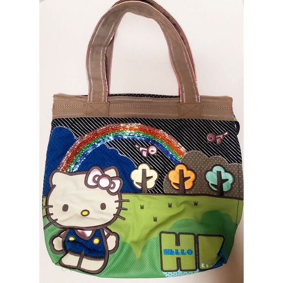 Hello Kitty Tote Bag Purse Quilted Sequins Metallic Embroidered Multiple Fabrics - Picture 2 of 11